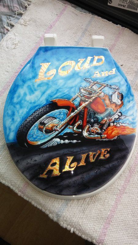 A toilet seat lid with the words "Loud and Alive"... there's gotta be a joke there!