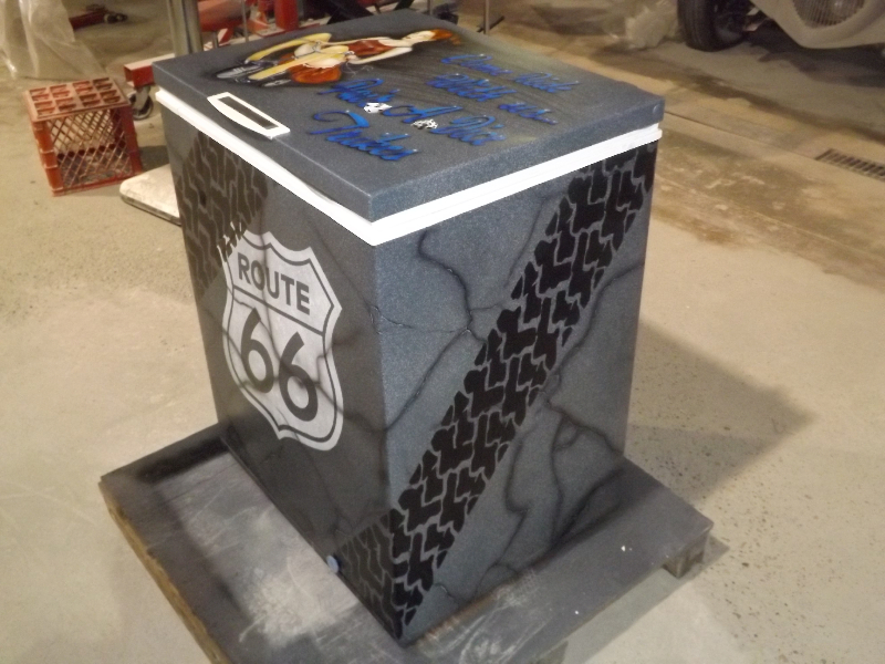 Three sides of the Route 66 Pair a Dice Trikes Fridge